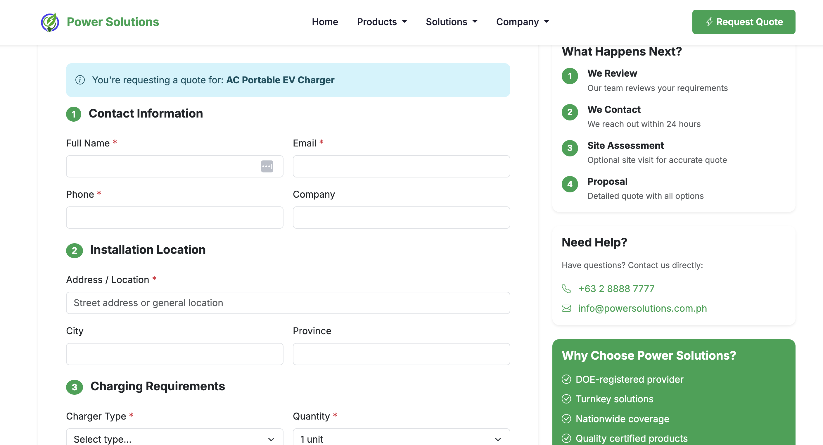 Power Solutions PH Inquiry Page - Contact and Partnerships